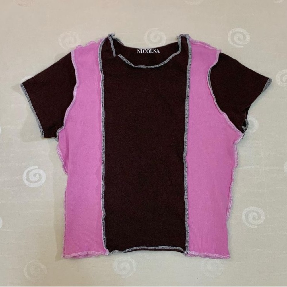 brown and pink patchwork baby tee size small